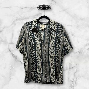 Metro Express Vintage Stripes Silk Black Cream Animal Print Shirt button down M